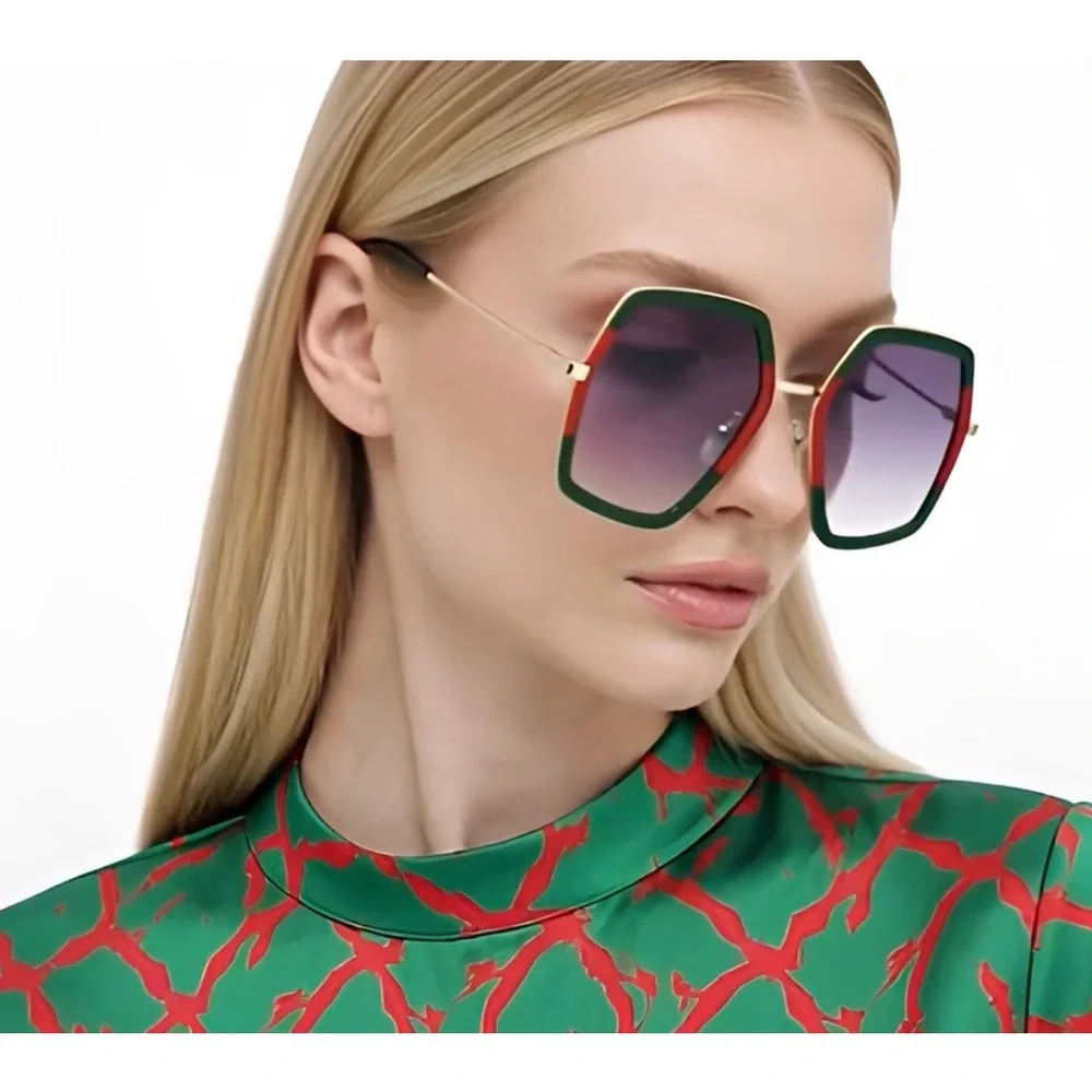 Women Oversized Hexagonal Sunglasses Green Red Stripe Gold Frame UV400 Gradient‎